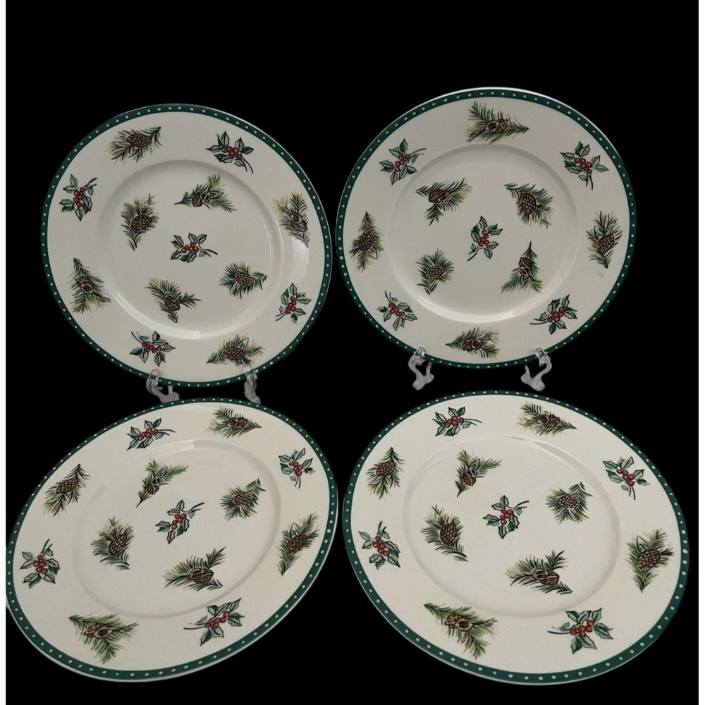 4 Mikasa‎ Ultima + Christmas Wish Dinner Plate 8 1/2" Pinecone Holly Holiday Red